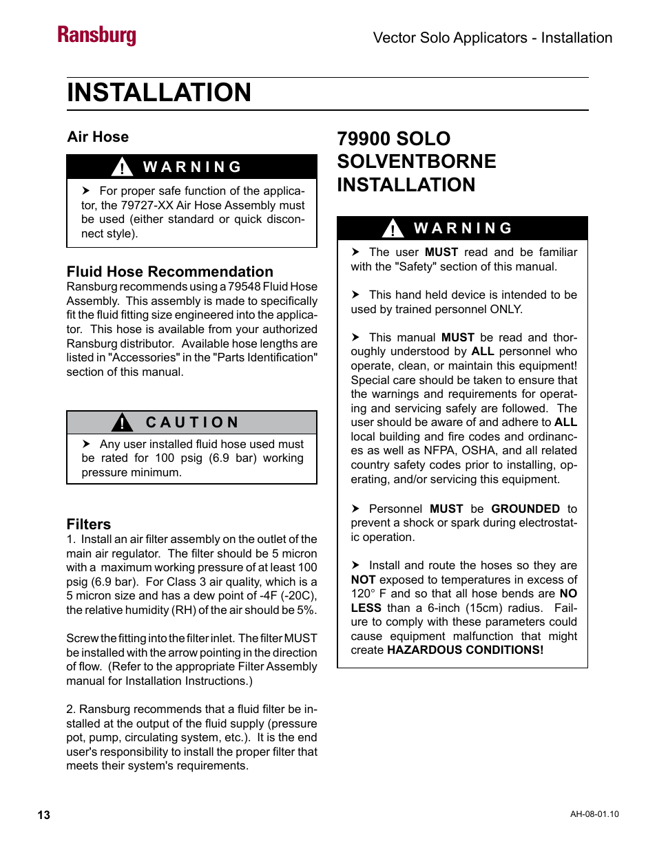 Installation, 79900 solo solventborne installation, Ransburg | Ransburg Vector Solo 79900 Solventborne RS90-AS User Manual | Page 17 / 64