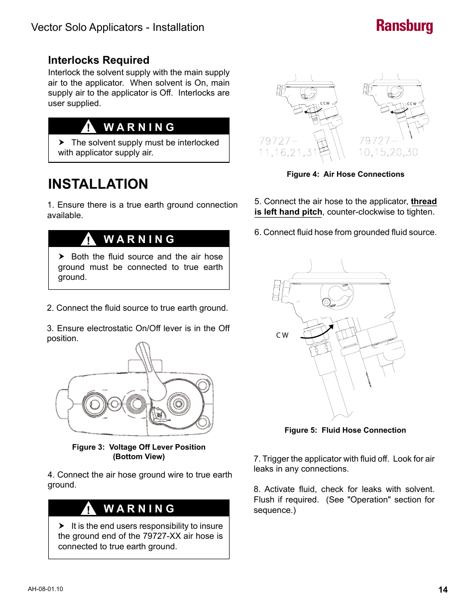 Ransburg, Installation, Vector solo applicators - installation | Interlocks required | Ransburg Vector Solo 79900 Solventborne RS90-AS User Manual | Page 18 / 64