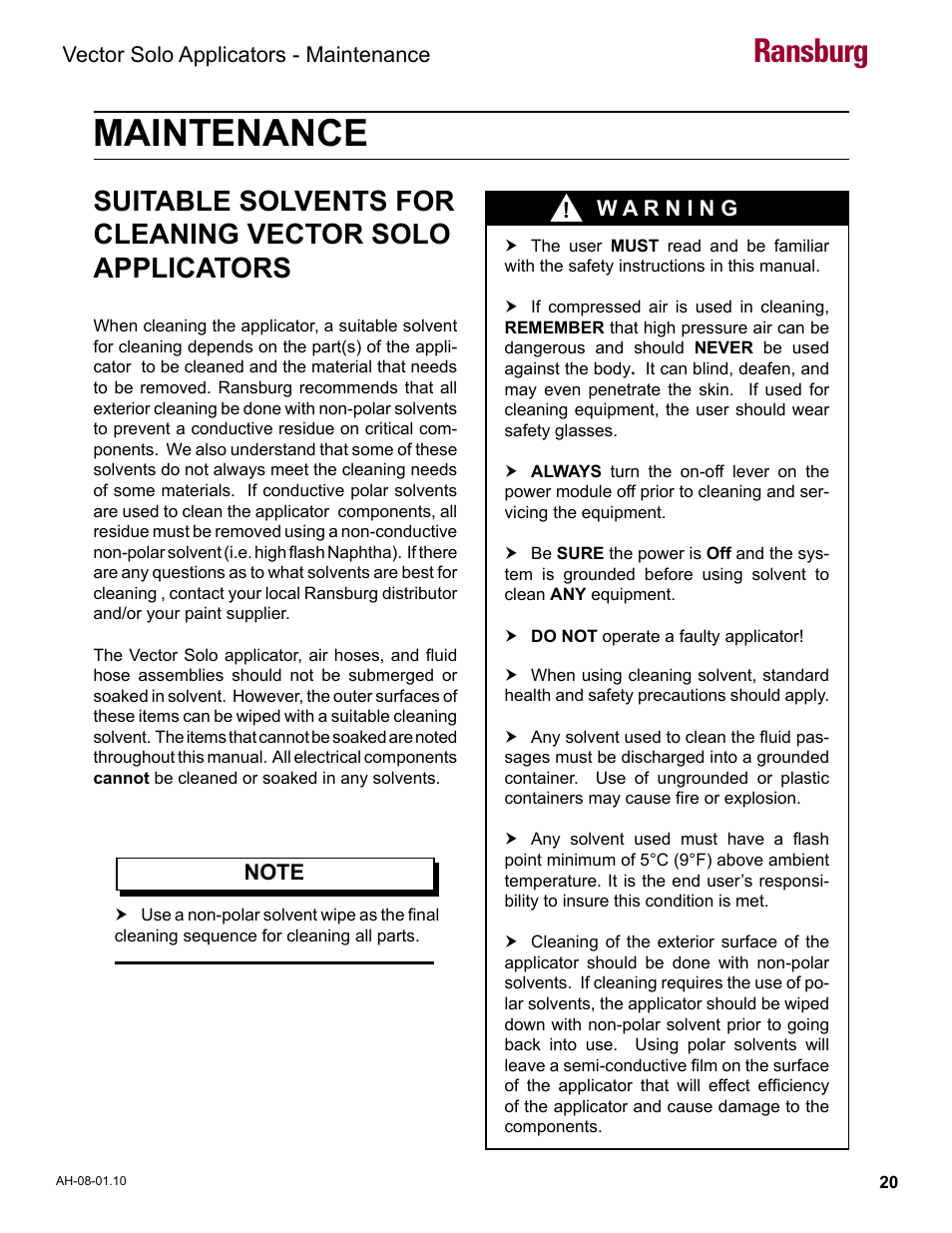 Maintenance, Ransburg | Ransburg Vector Solo 79900 Solventborne RS90-AS User Manual | Page 24 / 64