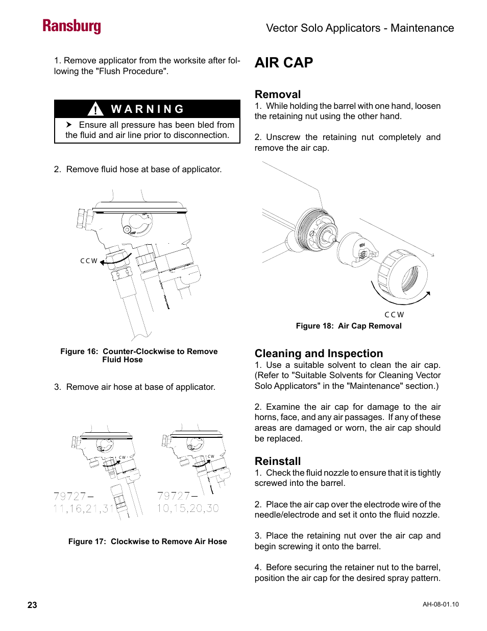 Air cap, Ransburg, Vector solo applicators - maintenance | Removal, Cleaning and inspection, Reinstall | Ransburg Vector Solo 79900 Solventborne RS90-AS User Manual | Page 27 / 64