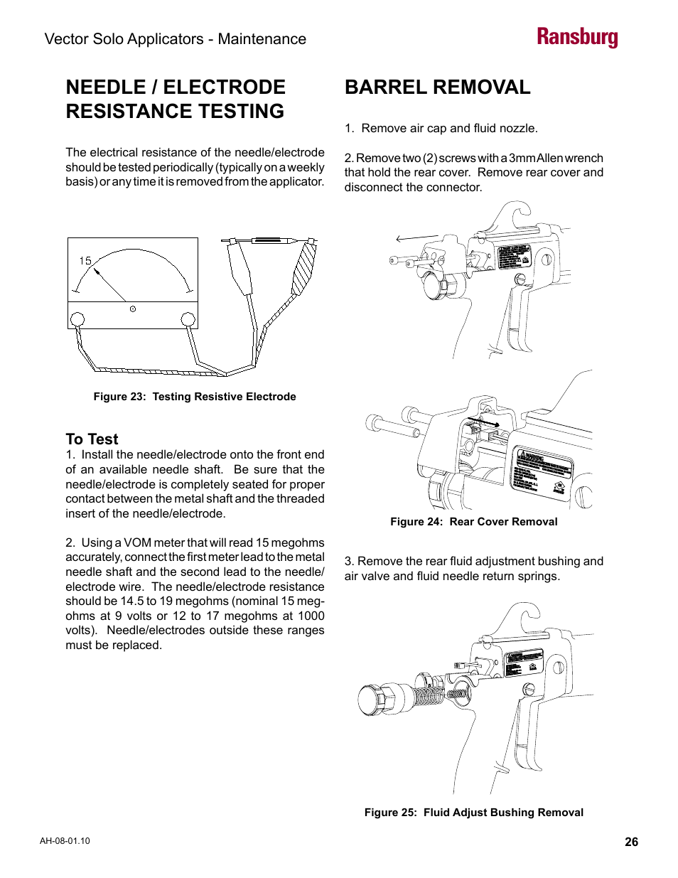 Needle / electrode resistance testing, Barrel removal, Ransburg | Ransburg Vector Solo 79900 Solventborne RS90-AS User Manual | Page 30 / 64