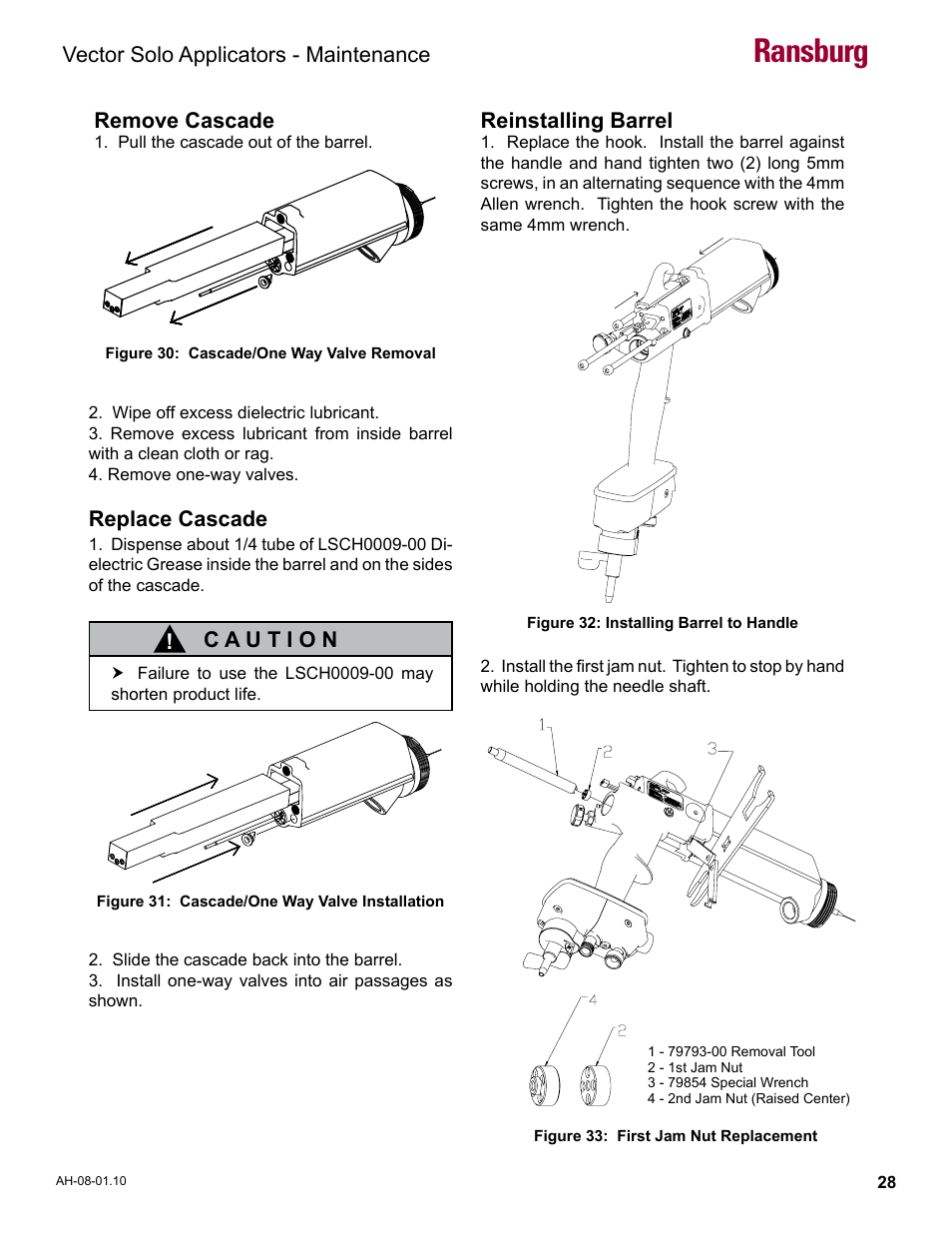 Ransburg, Vector solo applicators - maintenance, Remove cascade | Replace cascade, Reinstalling barrel | Ransburg Vector Solo 79900 Solventborne RS90-AS User Manual | Page 32 / 64