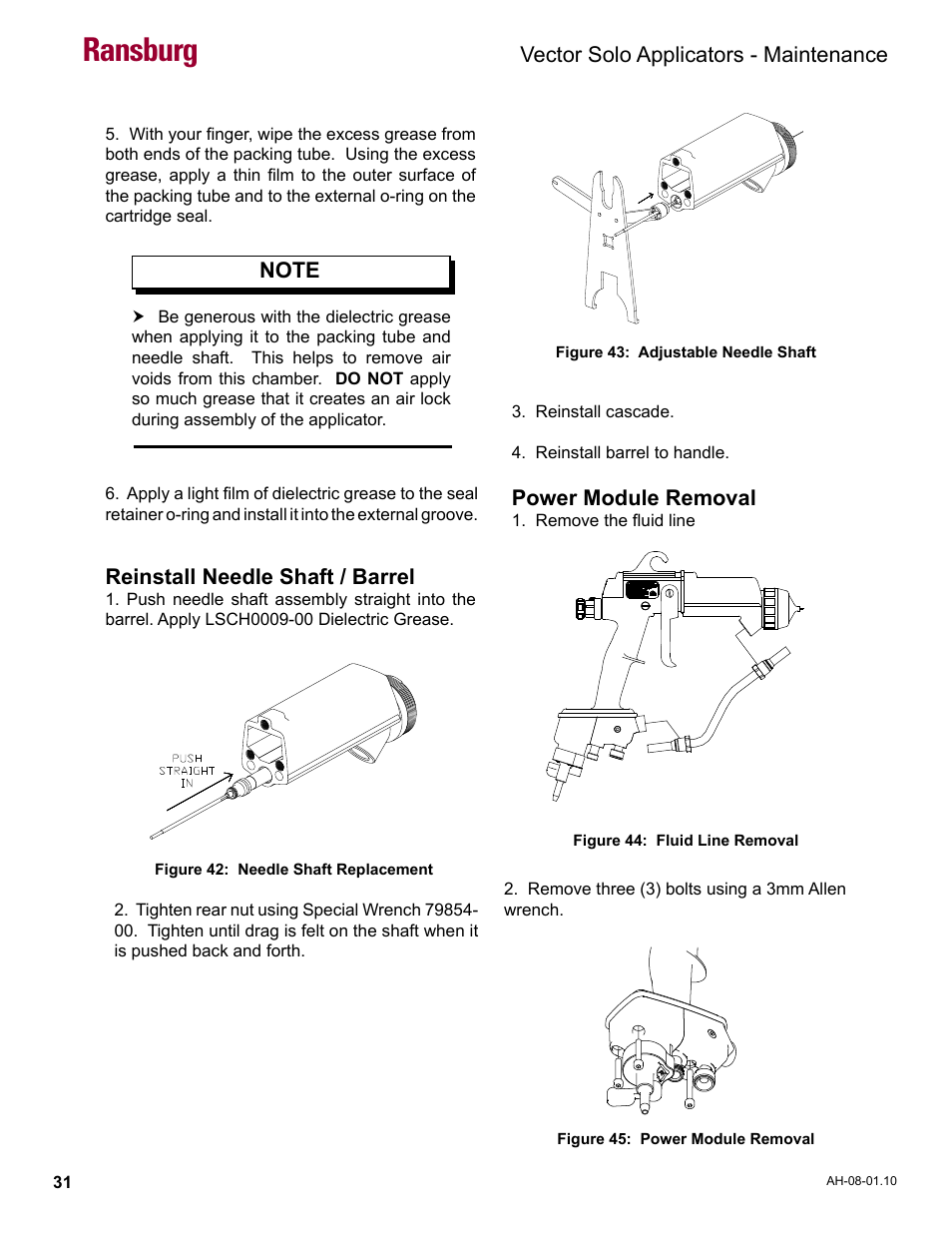 Power module removal, Ransburg, Vector solo applicators - maintenance | Reinstall needle shaft / barrel | Ransburg Vector Solo 79900 Solventborne RS90-AS User Manual | Page 35 / 64