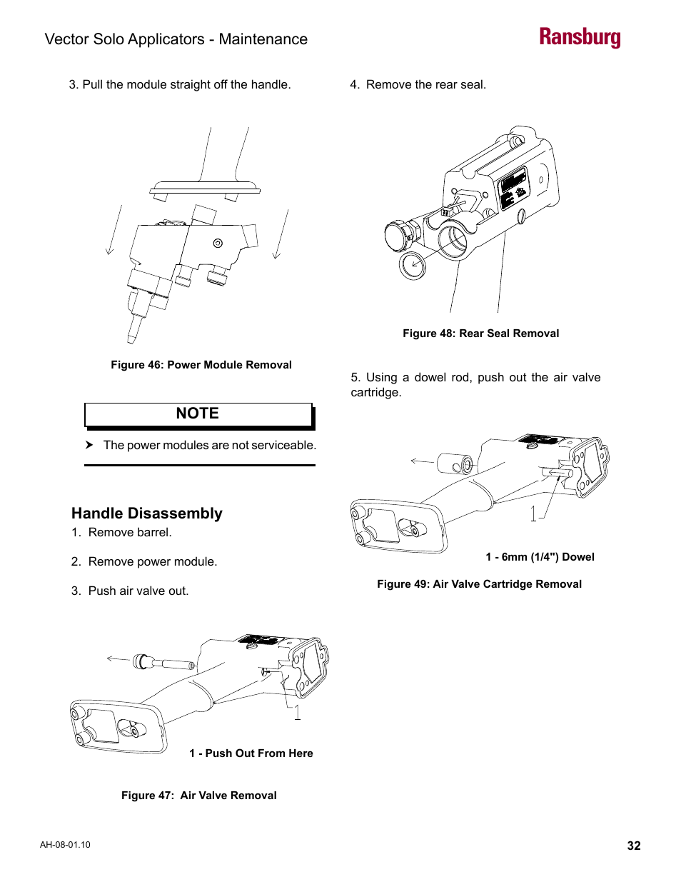 Handle disassembly, Ransburg, Vector solo applicators - maintenance | Ransburg Vector Solo 79900 Solventborne RS90-AS User Manual | Page 36 / 64