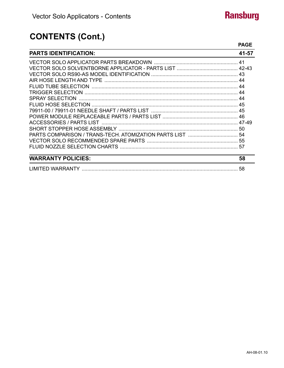 Ransburg, Contents (cont.) | Ransburg Vector Solo 79900 Solventborne RS90-AS User Manual | Page 4 / 64
