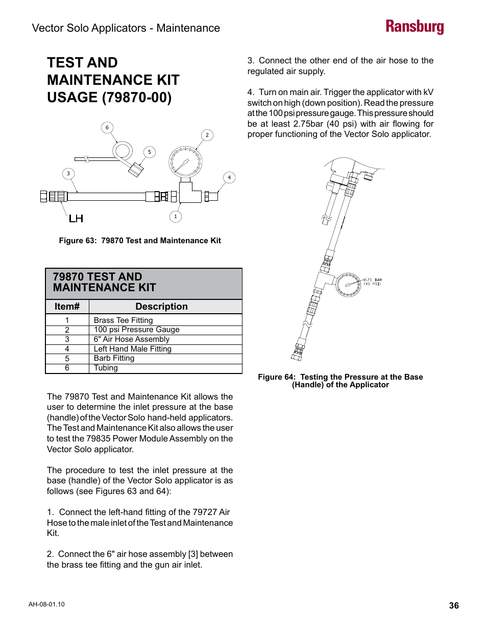 Test and maintenance kit usage (79870-00), Ransburg, Vector solo applicators - maintenance | Ransburg Vector Solo 79900 Solventborne RS90-AS User Manual | Page 40 / 64