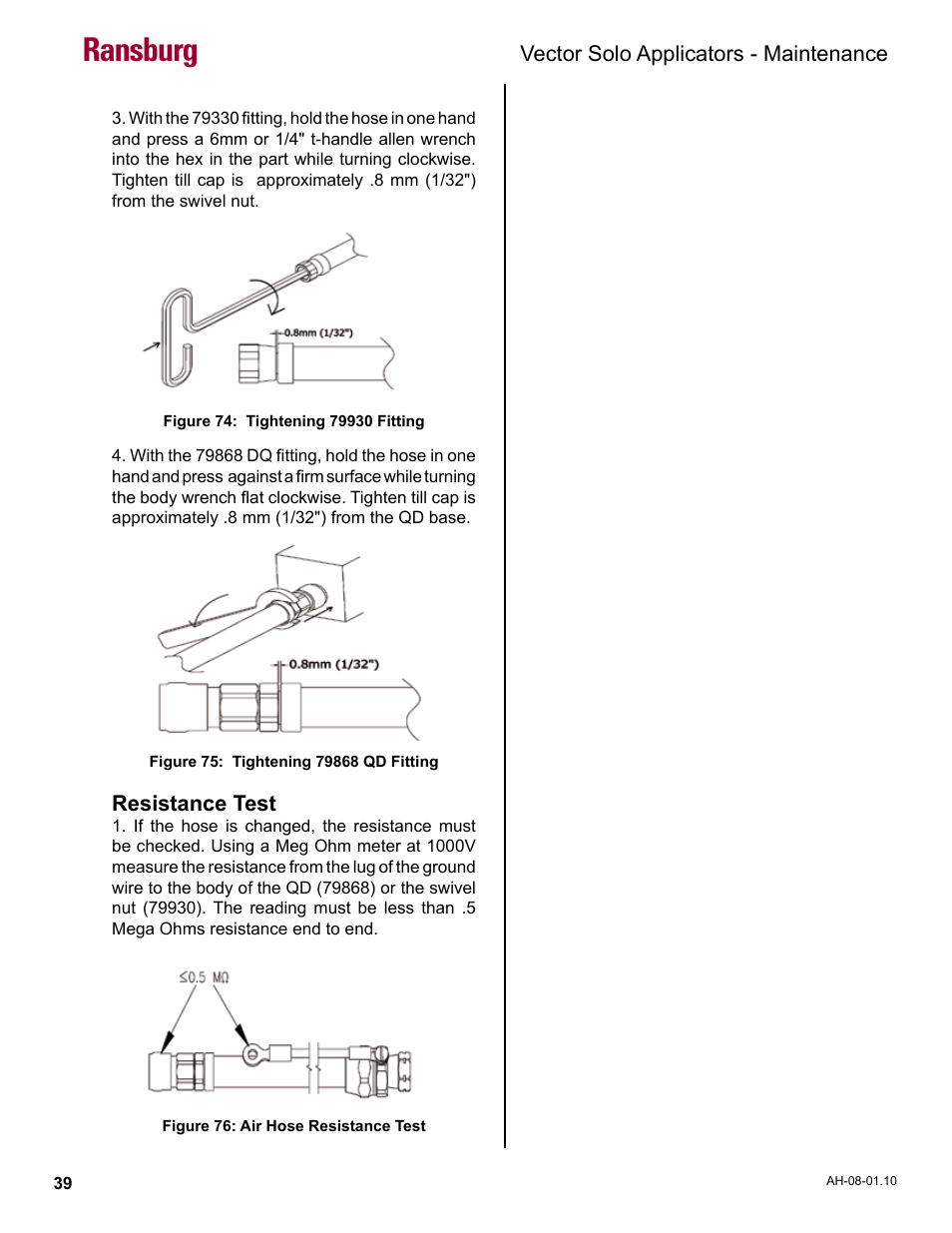 Ransburg, Vector solo applicators - maintenance, Resistance test | Ransburg Vector Solo 79900 Solventborne RS90-AS User Manual | Page 43 / 64
