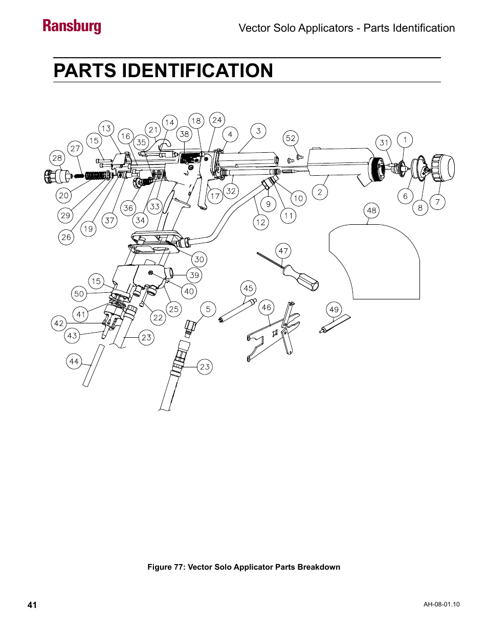 Parts identification, Vector solo applicator parts breakdown, Ransburg | Ransburg Vector Solo 79900 Solventborne RS90-AS User Manual | Page 45 / 64