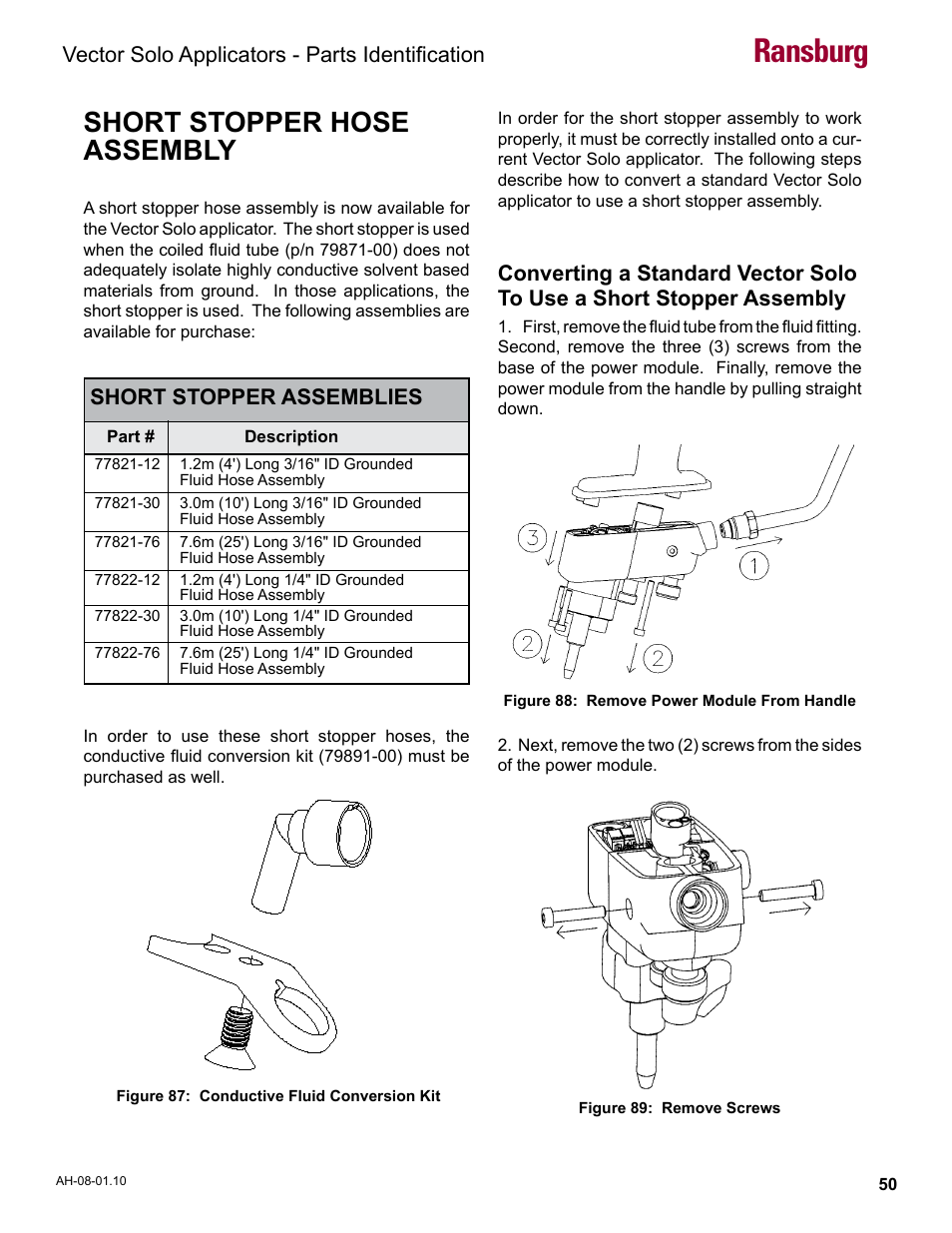 Short stopper hose assembly, Ransburg, Vector solo applicators - parts identification | Short stopper assemblies | Ransburg Vector Solo 79900 Solventborne RS90-AS User Manual | Page 54 / 64