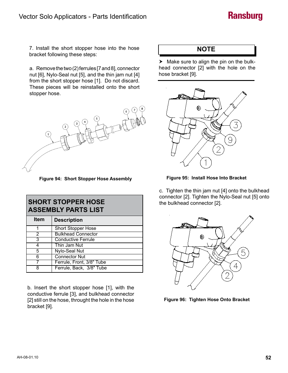 Ransburg, Vector solo applicators - parts identification, Short stopper hose assembly parts list | Ransburg Vector Solo 79900 Solventborne RS90-AS User Manual | Page 56 / 64