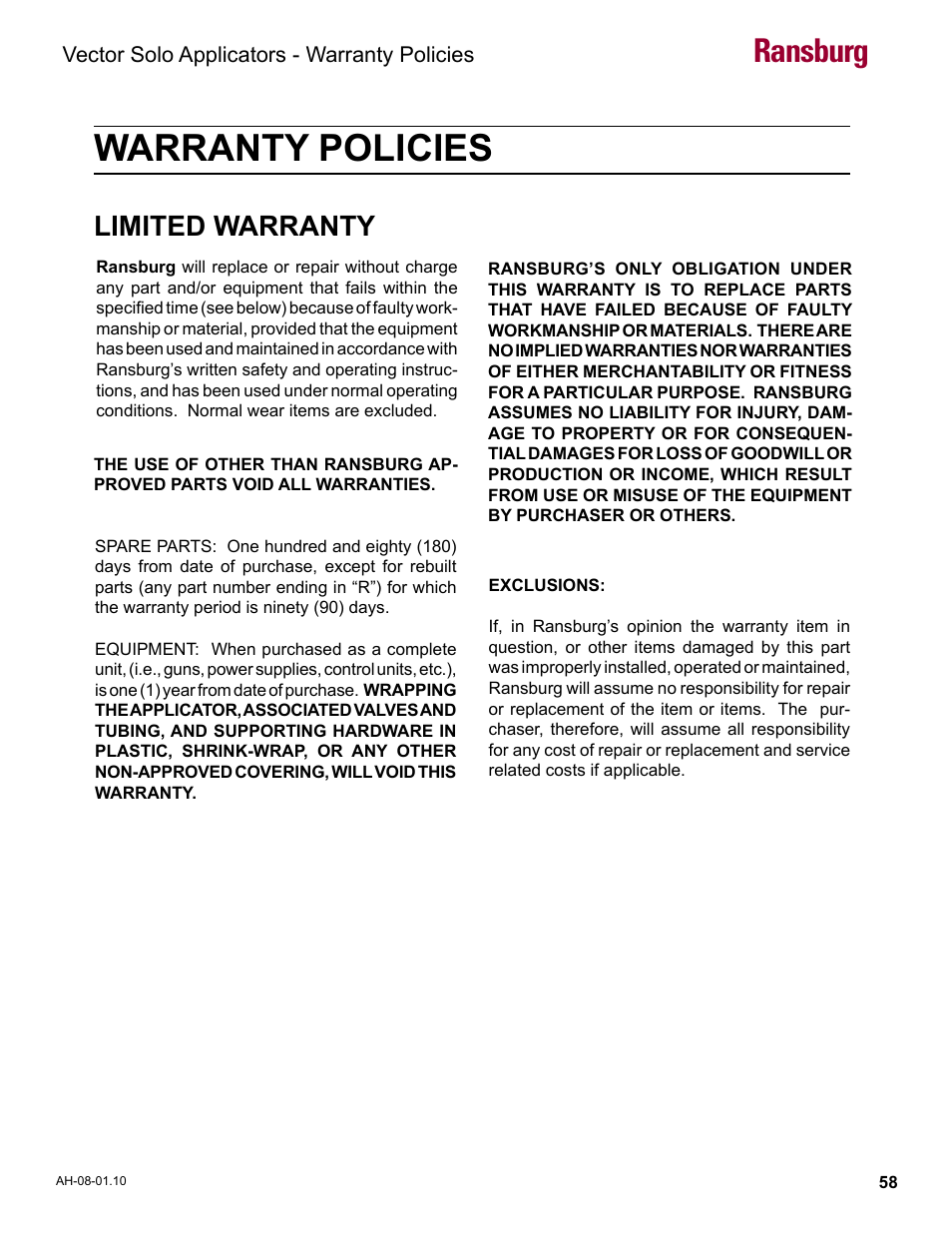 Warranty policies, Limited warranty, Ransburg | Ransburg Vector Solo 79900 Solventborne RS90-AS User Manual | Page 62 / 64