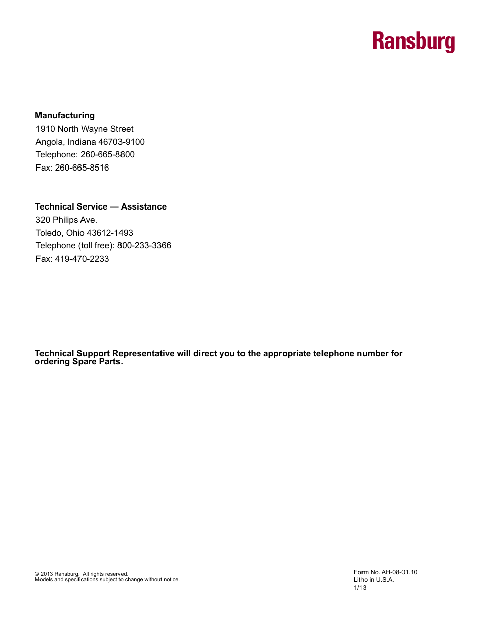 Back cover, Ransburg | Ransburg Vector Solo 79900 Solventborne RS90-AS User Manual | Page 64 / 64