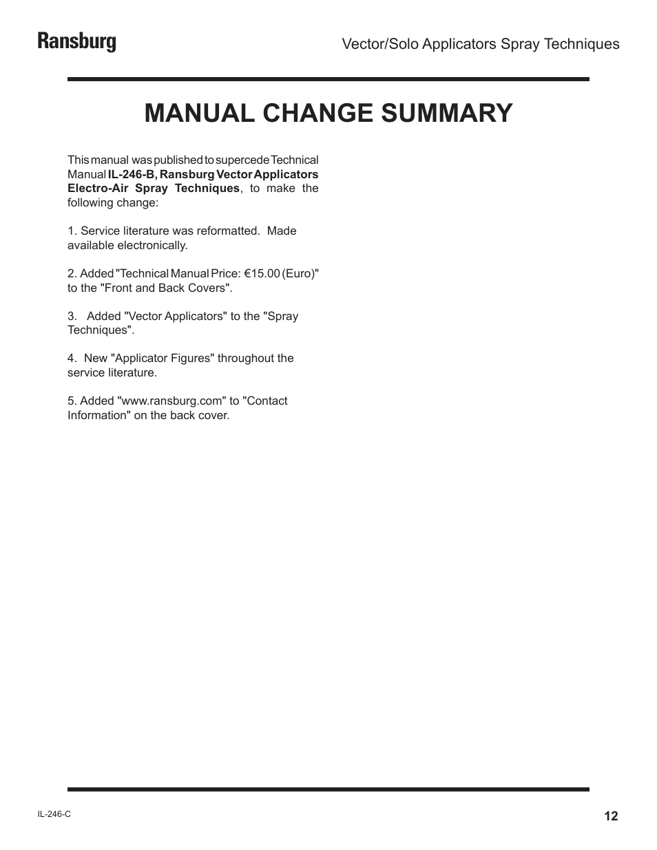 Manual change summary, Ransburg | Ransburg Vector_Solo Technical Manual User Manual | Page 15 / 16