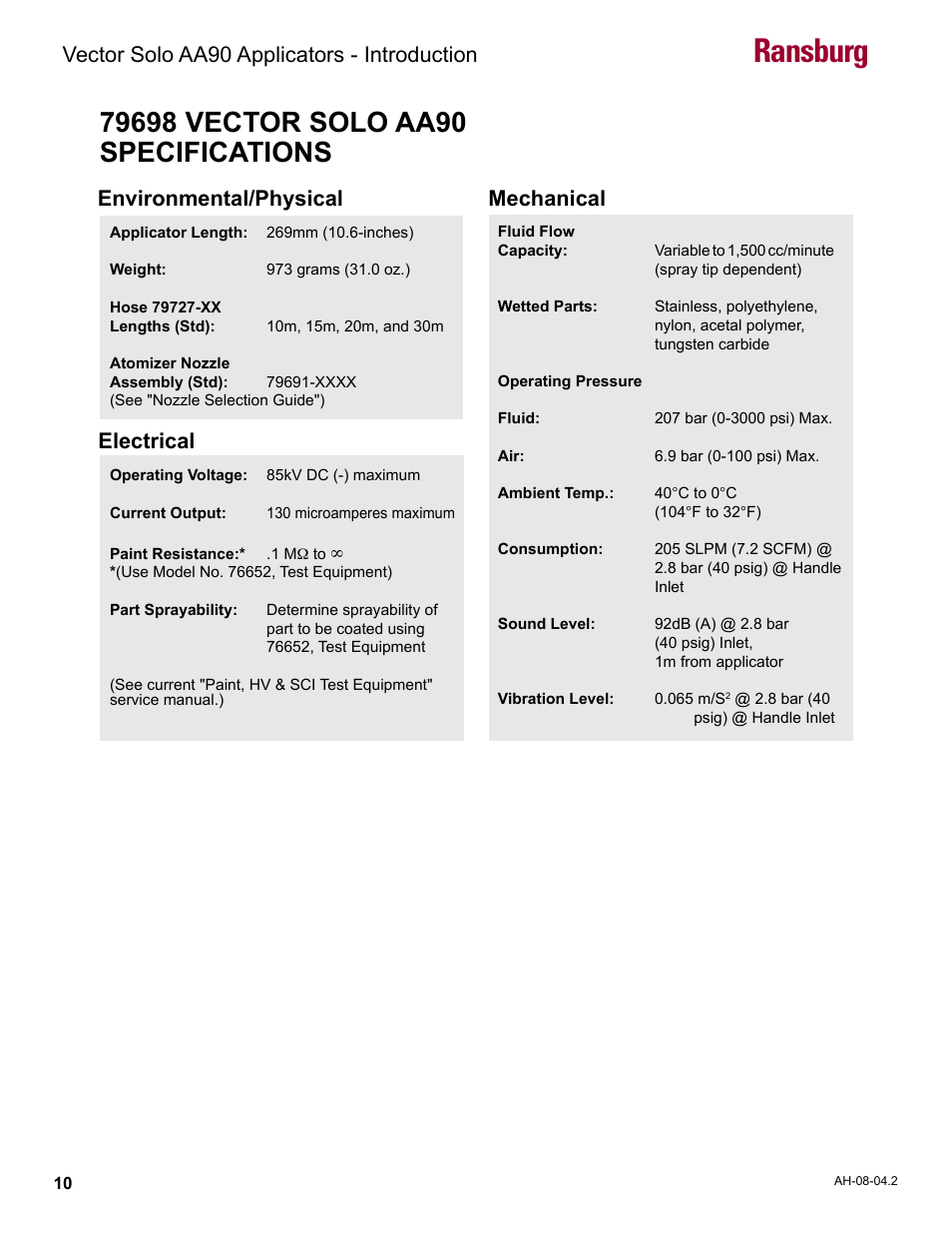 79698 vector solo aa90 specifications, Ransburg, Vector solo aa90 applicators - introduction | Environmental/physical electrical mechanical | Ransburg Vector Solo AA90 79698 User Manual | Page 14 / 58