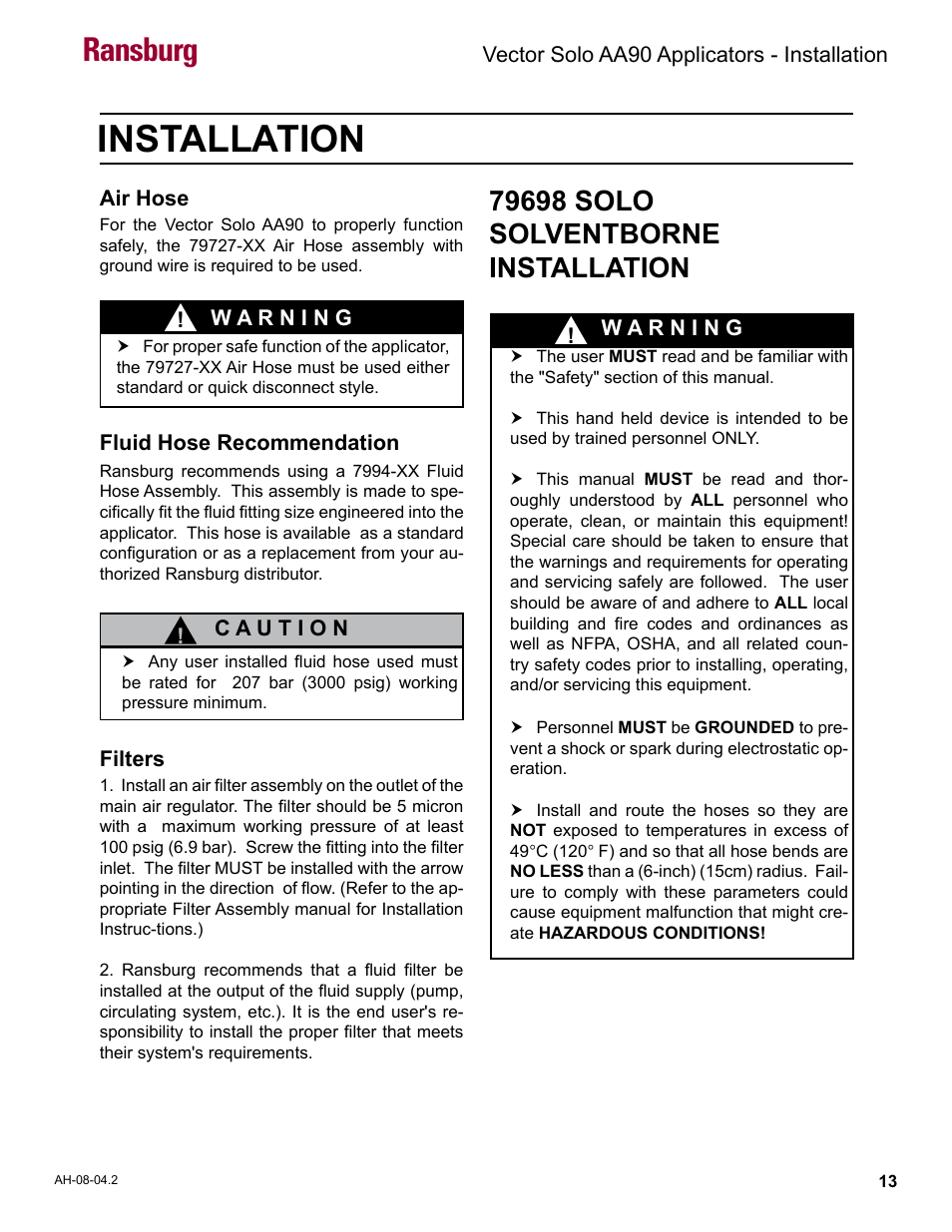 Installation, 79698 solo solventborne installation, Ransburg | Ransburg Vector Solo AA90 79698 User Manual | Page 17 / 58
