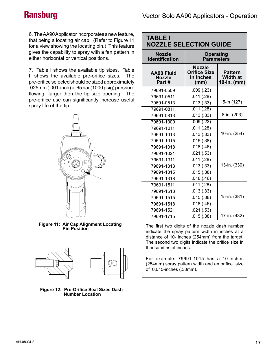 Ransburg, Vector solo aa90 applicators - operation, Table i nozzle selection guide | Ransburg Vector Solo AA90 79698 User Manual | Page 21 / 58