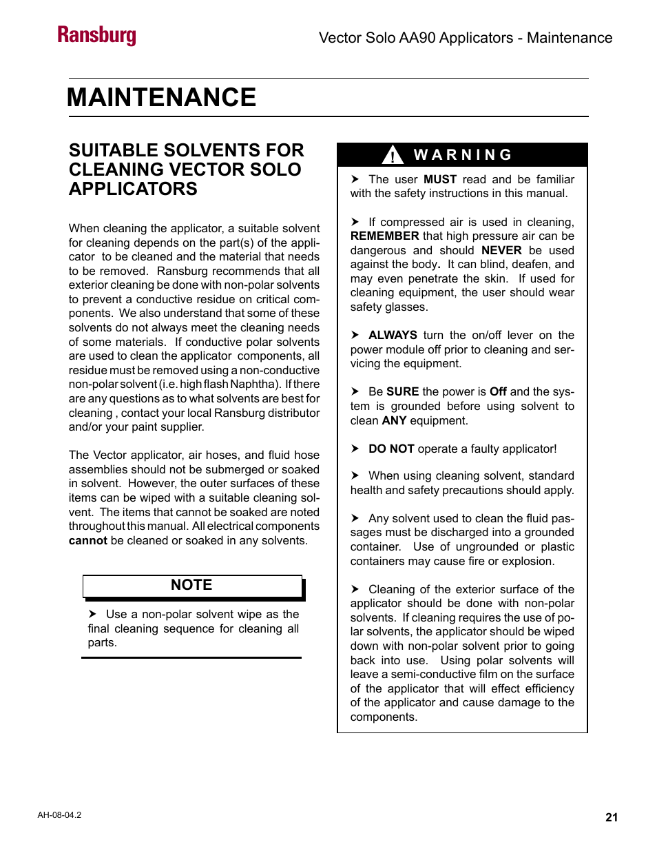 Maintenance, Ransburg | Ransburg Vector Solo AA90 79698 User Manual | Page 25 / 58