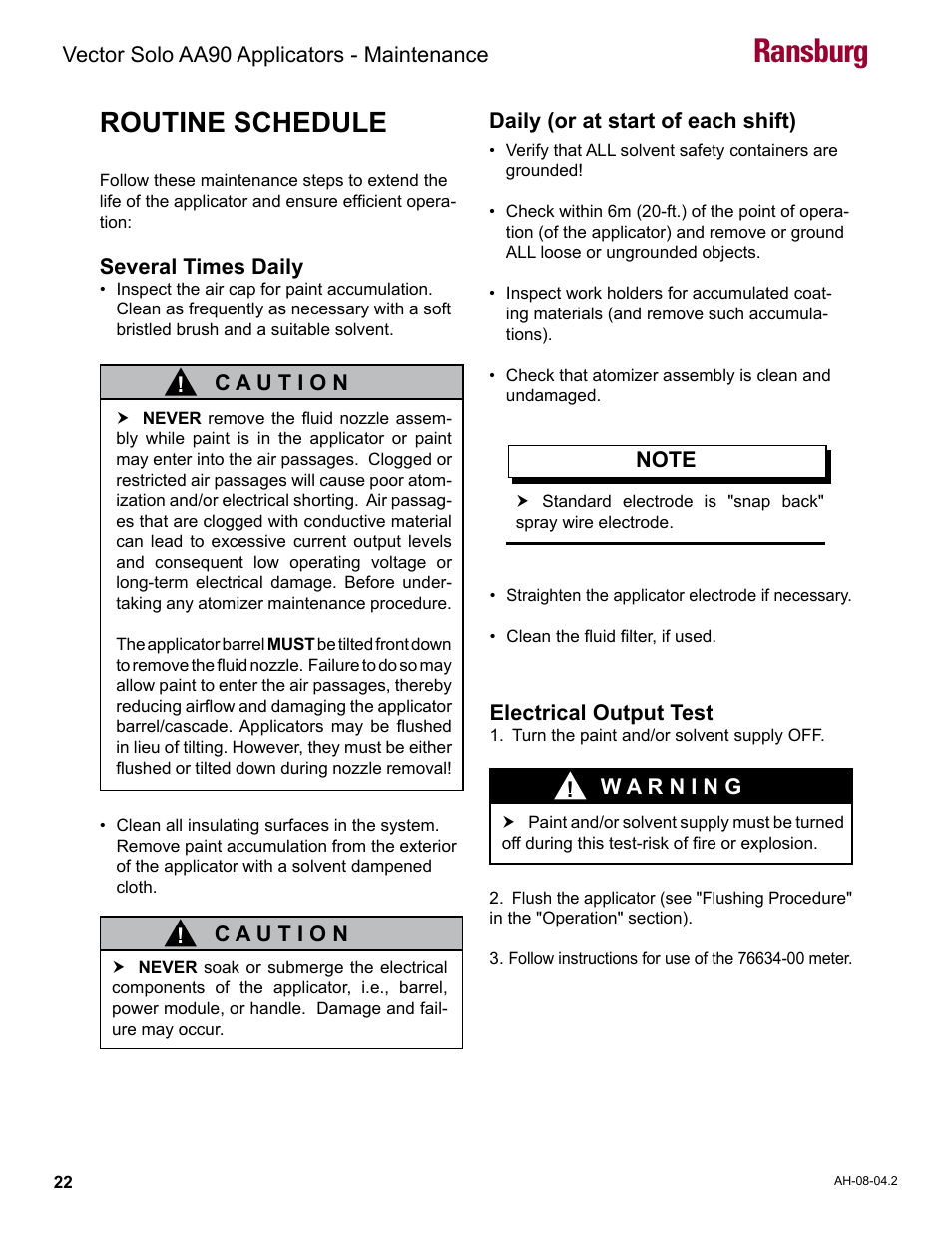 Routine schedule, Ransburg | Ransburg Vector Solo AA90 79698 User Manual | Page 26 / 58