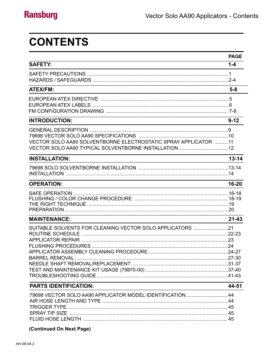 Ransburg Vector Solo AA90 79698 User Manual | Page 3 / 58