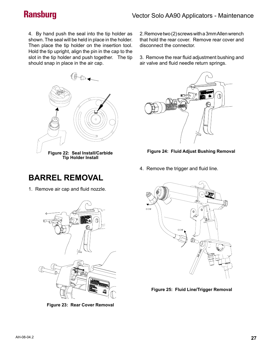 Barrel removal, Ransburg, Vector solo aa90 applicators - maintenance | Ransburg Vector Solo AA90 79698 User Manual | Page 31 / 58