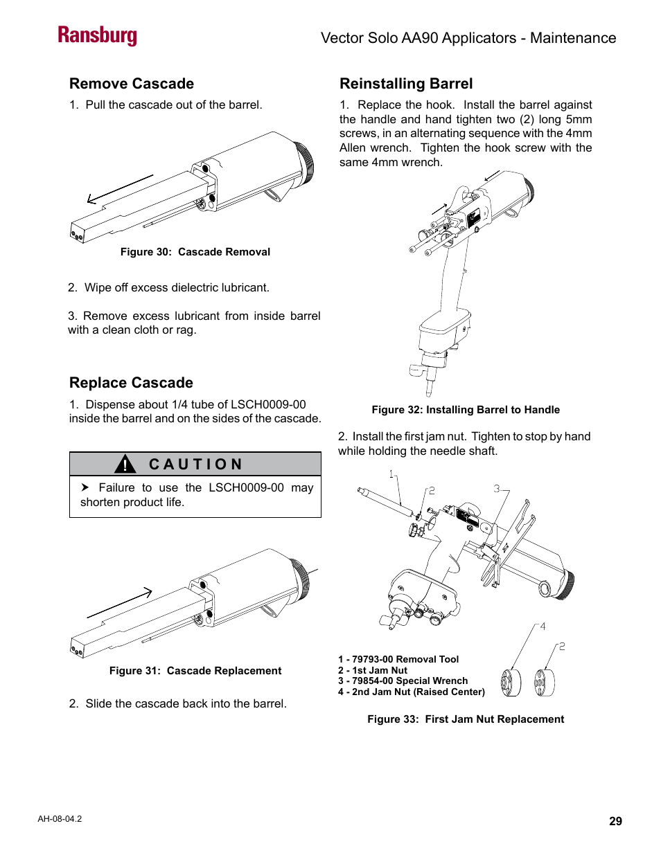 Ransburg, Vector solo aa90 applicators - maintenance, Reinstalling barrel | Replace cascade, Remove cascade | Ransburg Vector Solo AA90 79698 User Manual | Page 33 / 58