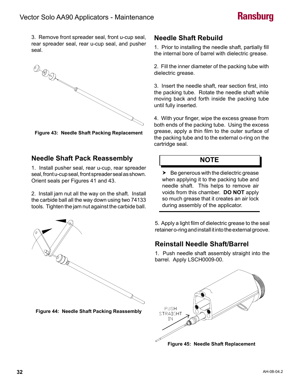 Ransburg, Vector solo aa90 applicators - maintenance, Needle shaft pack reassembly | Needle shaft rebuild, Reinstall needle shaft/barrel | Ransburg Vector Solo AA90 79698 User Manual | Page 36 / 58