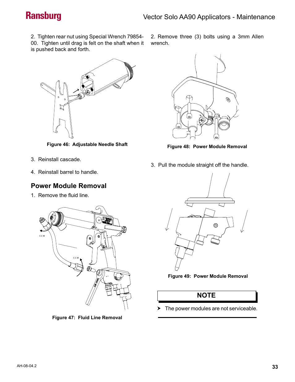 Ransburg, Vector solo aa90 applicators - maintenance, Power module removal | Ransburg Vector Solo AA90 79698 User Manual | Page 37 / 58