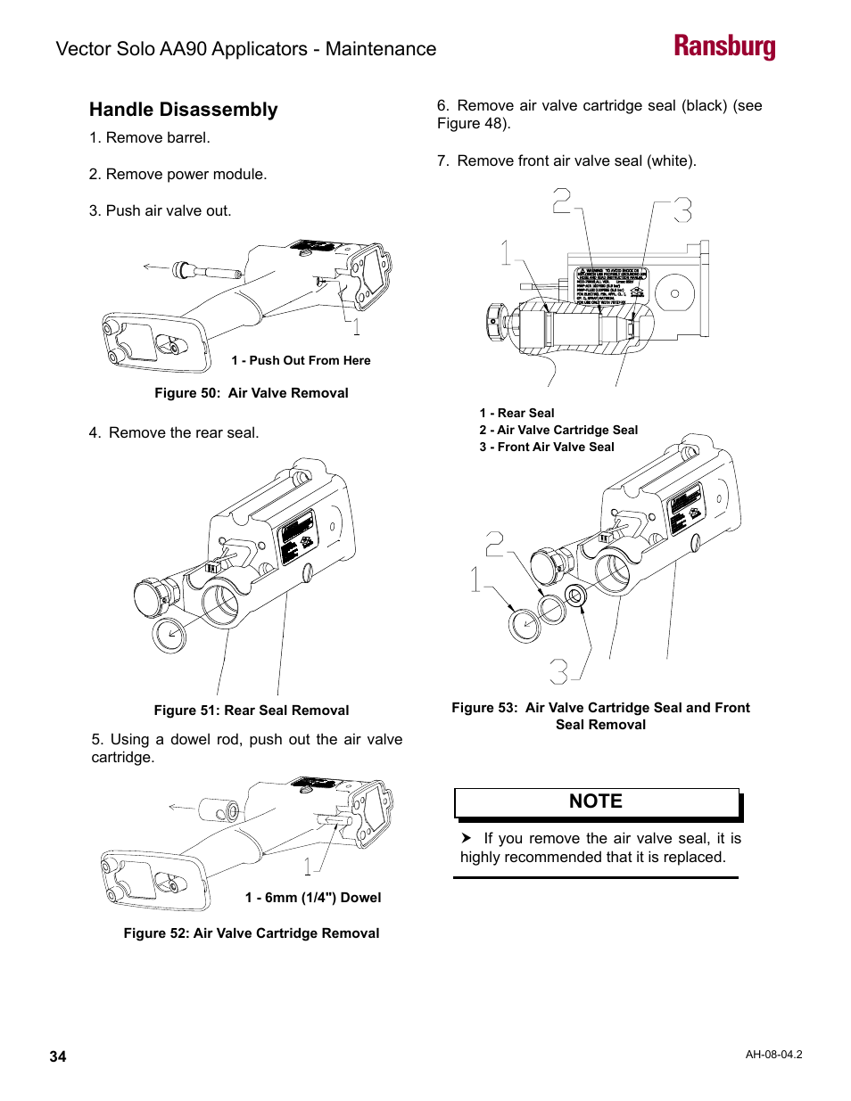 Ransburg, Vector solo aa90 applicators - maintenance, Handle disassembly | Ransburg Vector Solo AA90 79698 User Manual | Page 38 / 58