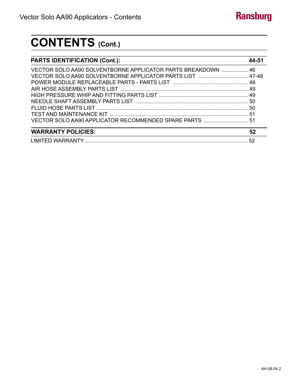 Ransburg Vector Solo AA90 79698 User Manual | Page 4 / 58