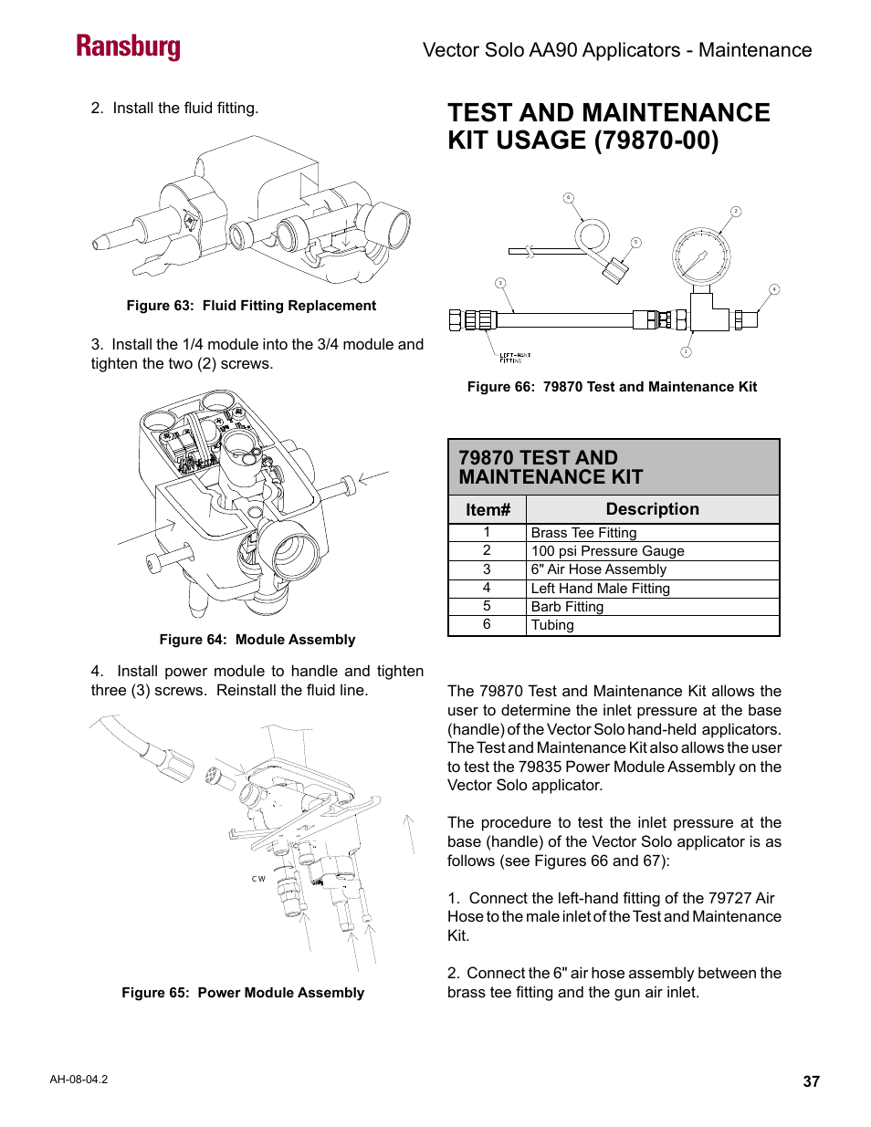 Test and maintenance kit usage (79870-00), Ransburg, Vector solo aa90 applicators - maintenance | Ransburg Vector Solo AA90 79698 User Manual | Page 41 / 58