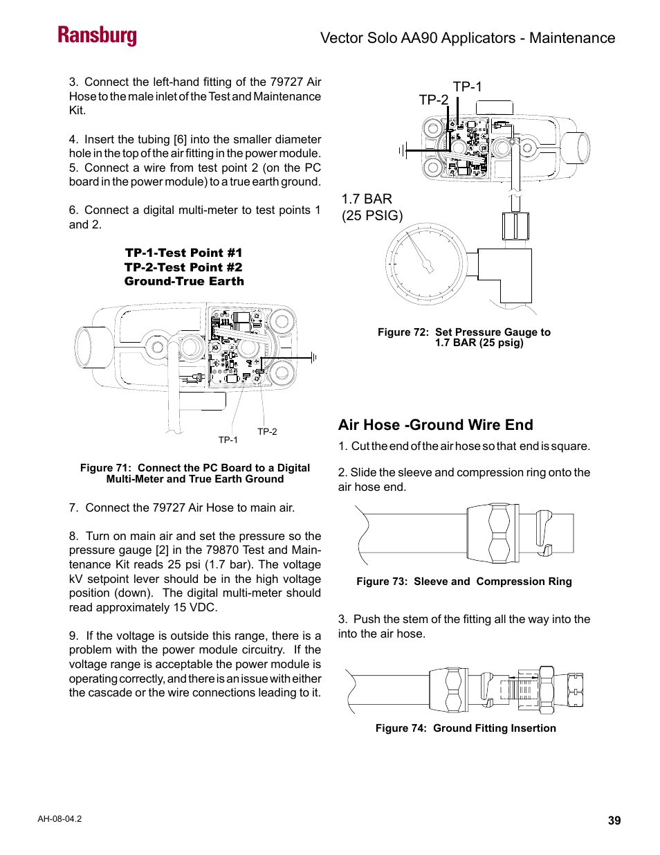 Ransburg, Vector solo aa90 applicators - maintenance, Air hose -ground wire end | Ransburg Vector Solo AA90 79698 User Manual | Page 43 / 58