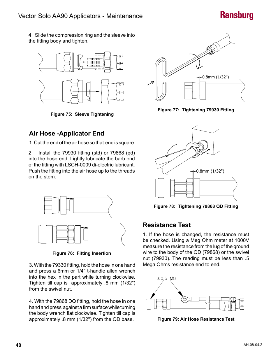 Ransburg, Vector solo aa90 applicators - maintenance, Air hose -applicator end | Resistance test | Ransburg Vector Solo AA90 79698 User Manual | Page 44 / 58