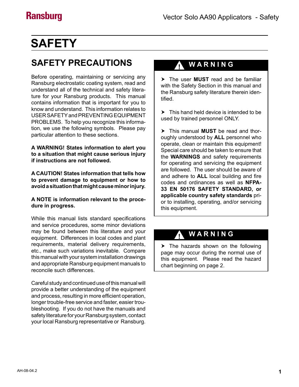 Safety, Safety precautions, Ransburg | Ransburg Vector Solo AA90 79698 User Manual | Page 5 / 58