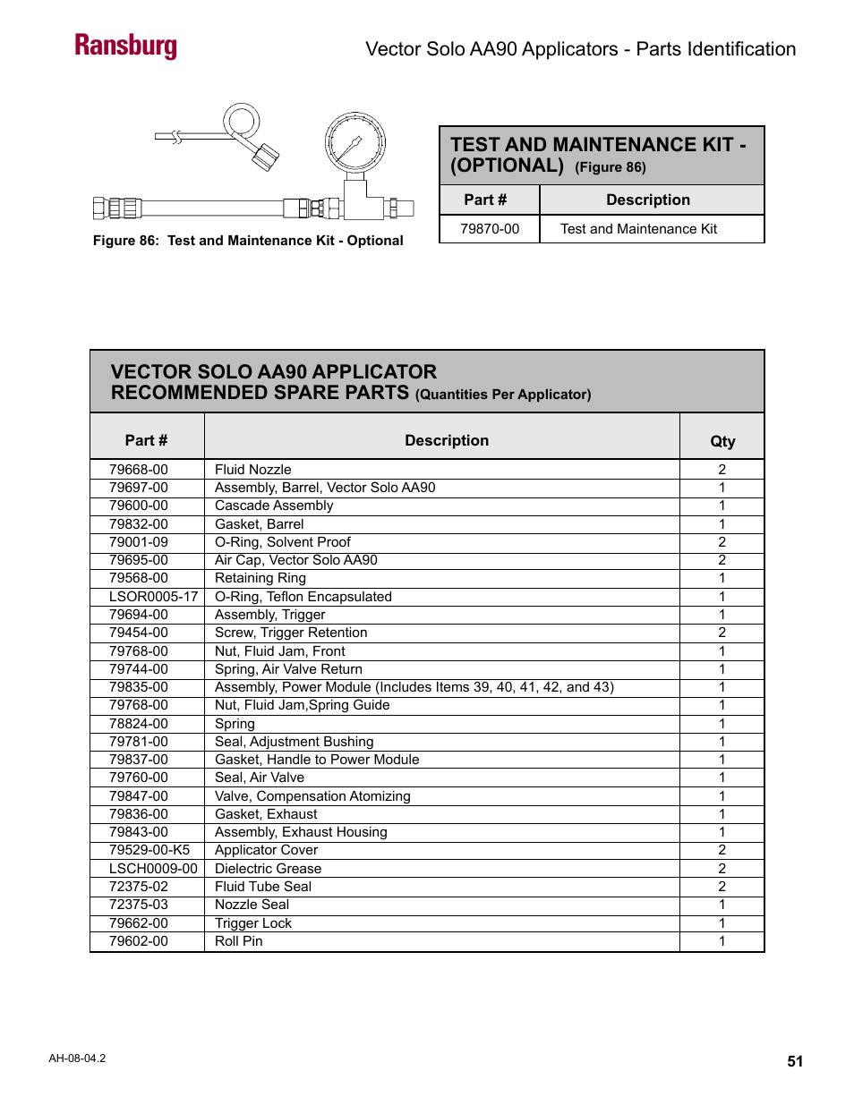 Test and maintenance kit, Ransburg, Test and maintenance kit - (optional) | Ransburg Vector Solo AA90 79698 User Manual | Page 55 / 58