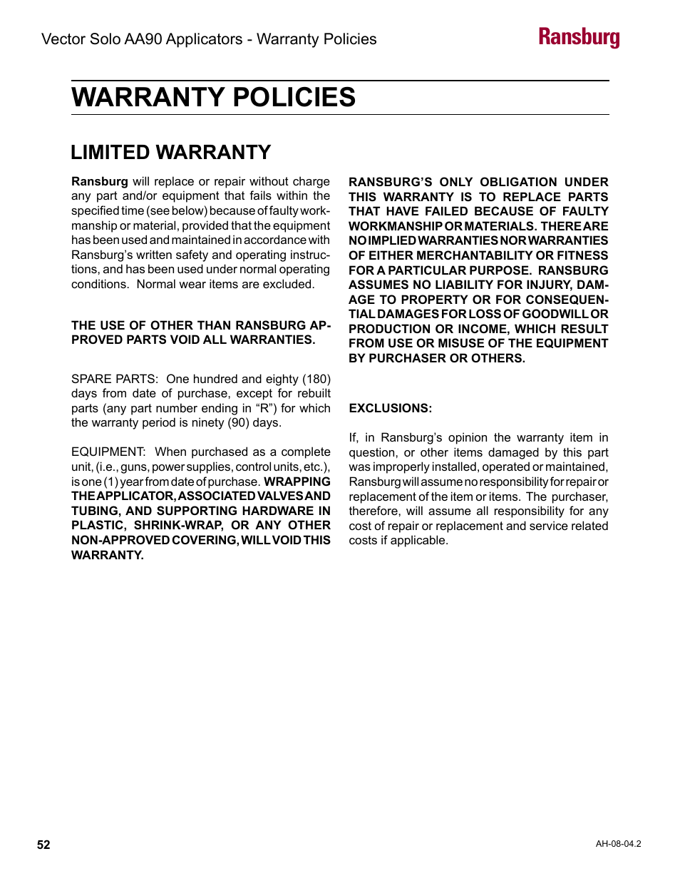 Warranty policies, Ransburg, Limited warranty | Ransburg Vector Solo AA90 79698 User Manual | Page 56 / 58