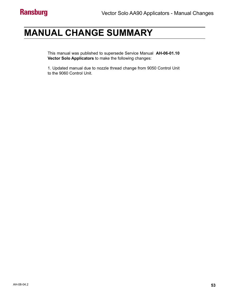 Manual change summary, Ransburg | Ransburg Vector Solo AA90 79698 User Manual | Page 57 / 58