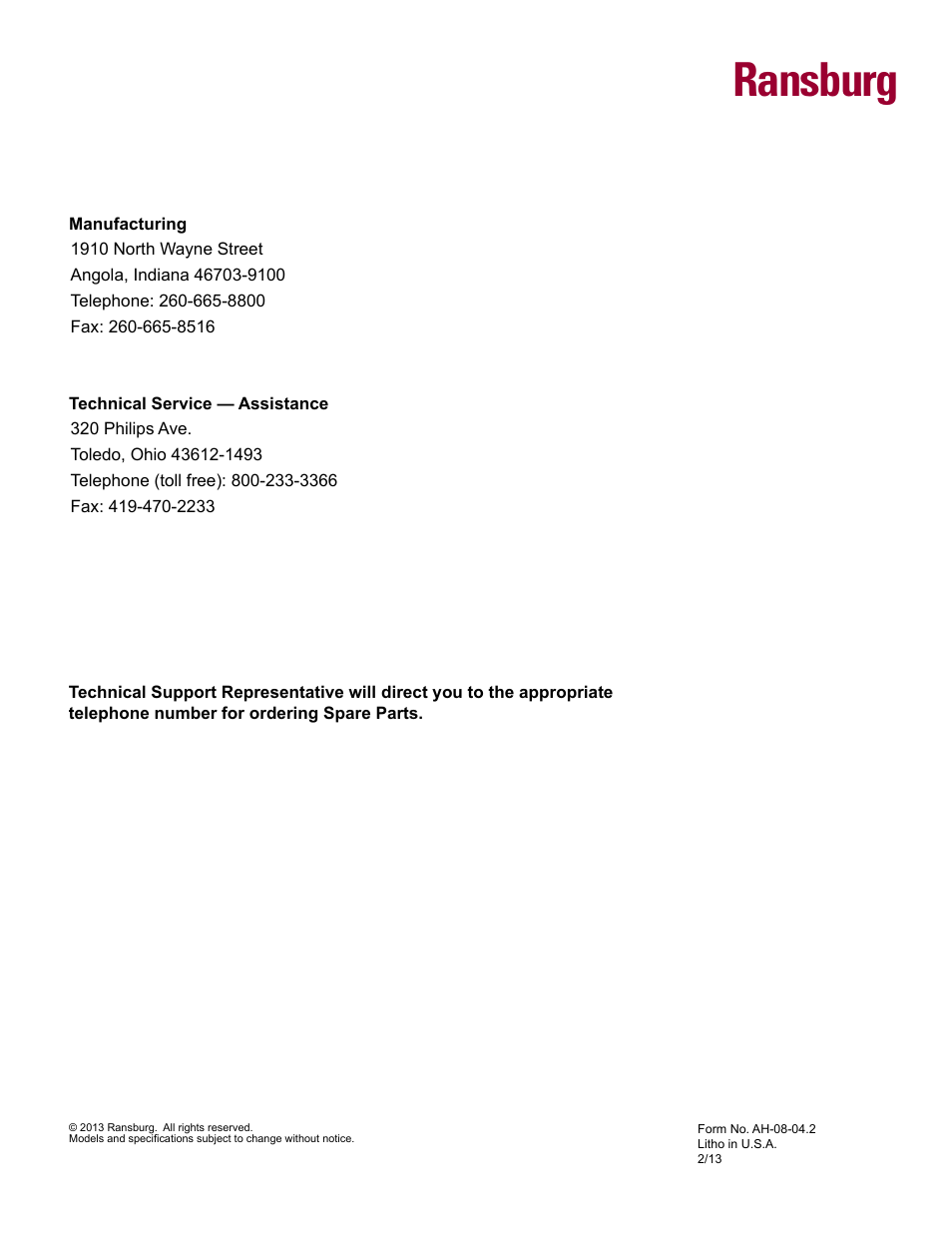 Back cover, Ransburg | Ransburg Vector Solo AA90 79698 User Manual | Page 58 / 58