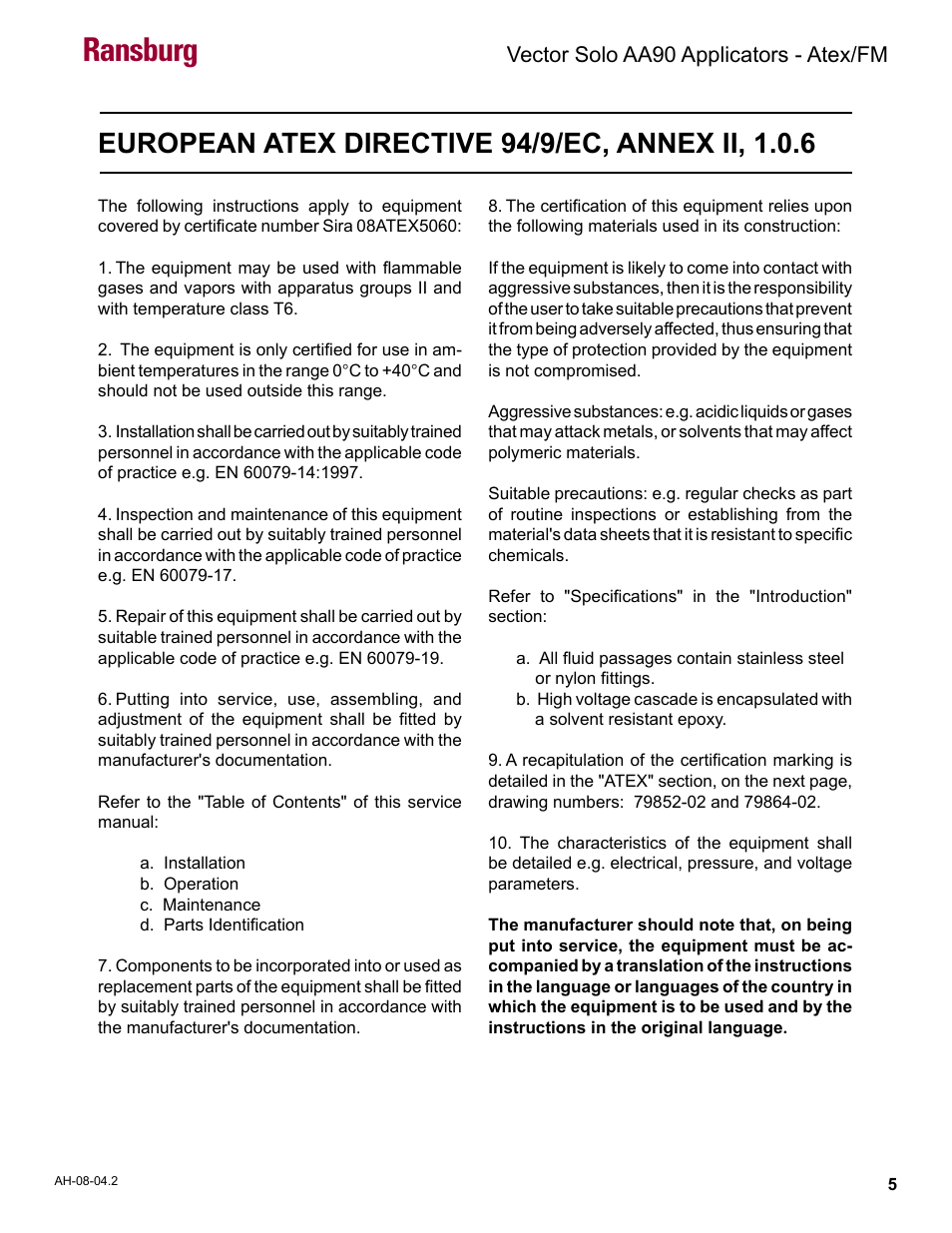 Atex/fm, European atex directive, Ransburg | Vector solo aa90 applicators - atex/fm | Ransburg Vector Solo AA90 79698 User Manual | Page 9 / 58