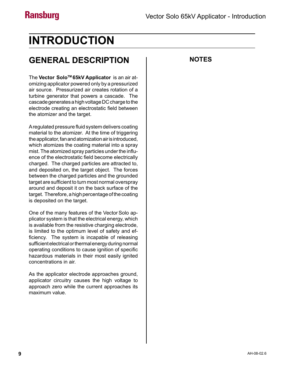 Introduction, General description, Ransburg | Vector solo 65kv applicator - introduction | Ransburg Vector Solo 65KV 79965 Solventborne RS70-AS User Manual | Page 13 / 60