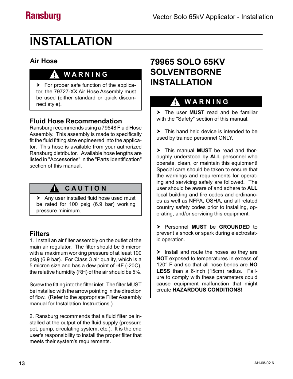 Installation, 79965 solo 65kv solventborne installation, Ransburg | Ransburg Vector Solo 65KV 79965 Solventborne RS70-AS User Manual | Page 17 / 60