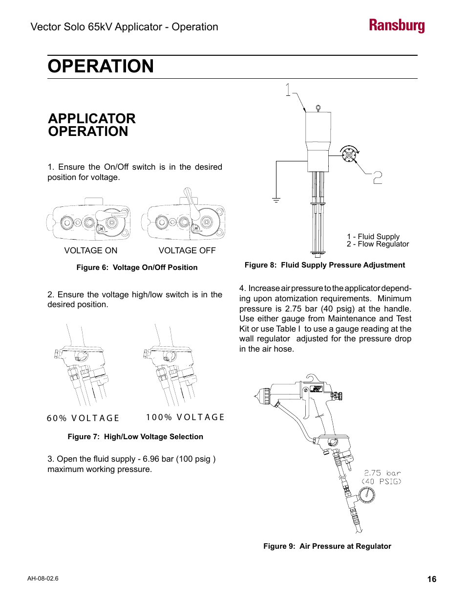 Operation, Applicator operation, Ransburg | Ransburg Vector Solo 65KV 79965 Solventborne RS70-AS User Manual | Page 20 / 60
