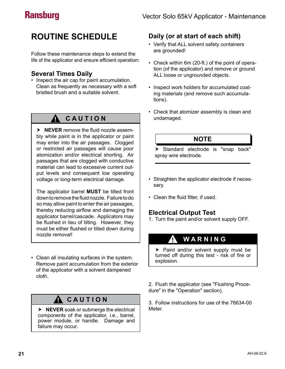 Routine schedule, Ransburg | Ransburg Vector Solo 65KV 79965 Solventborne RS70-AS User Manual | Page 25 / 60