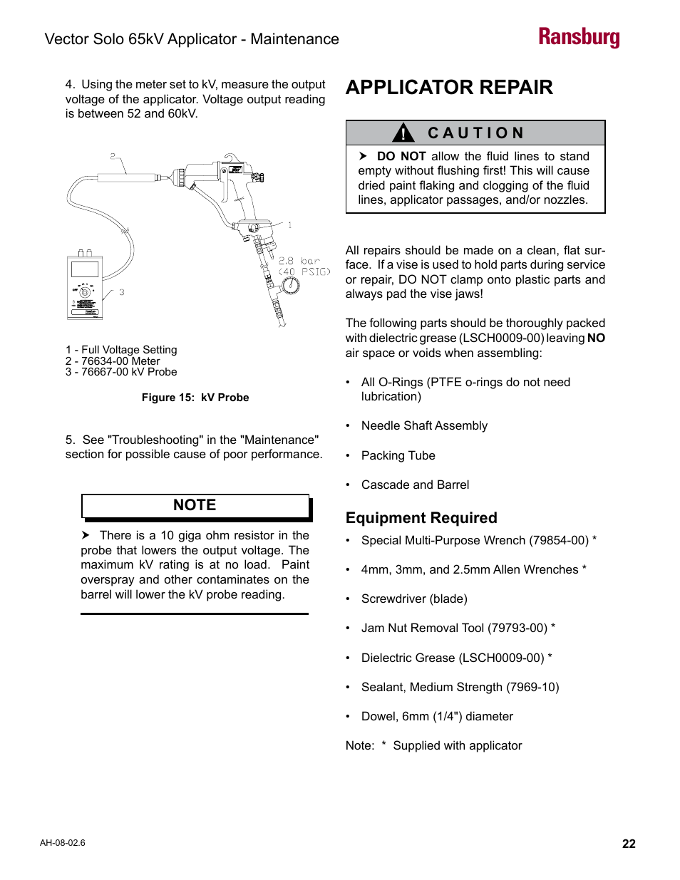 Applicator repair, Ransburg | Ransburg Vector Solo 65KV 79965 Solventborne RS70-AS User Manual | Page 26 / 60