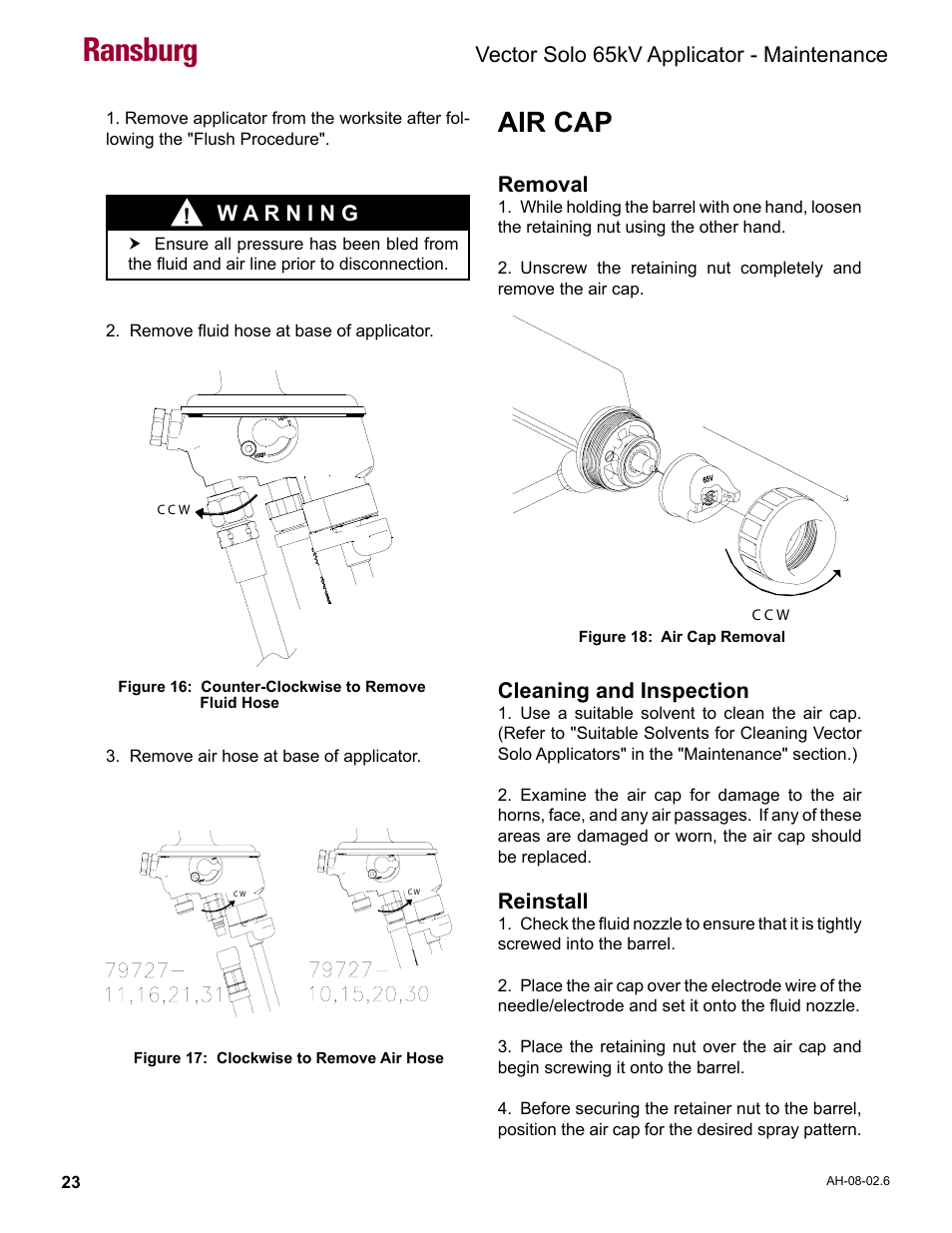 Air cap, Ransburg, Vector solo 65kv applicator - maintenance | Removal, Cleaning and inspection, Reinstall | Ransburg Vector Solo 65KV 79965 Solventborne RS70-AS User Manual | Page 27 / 60