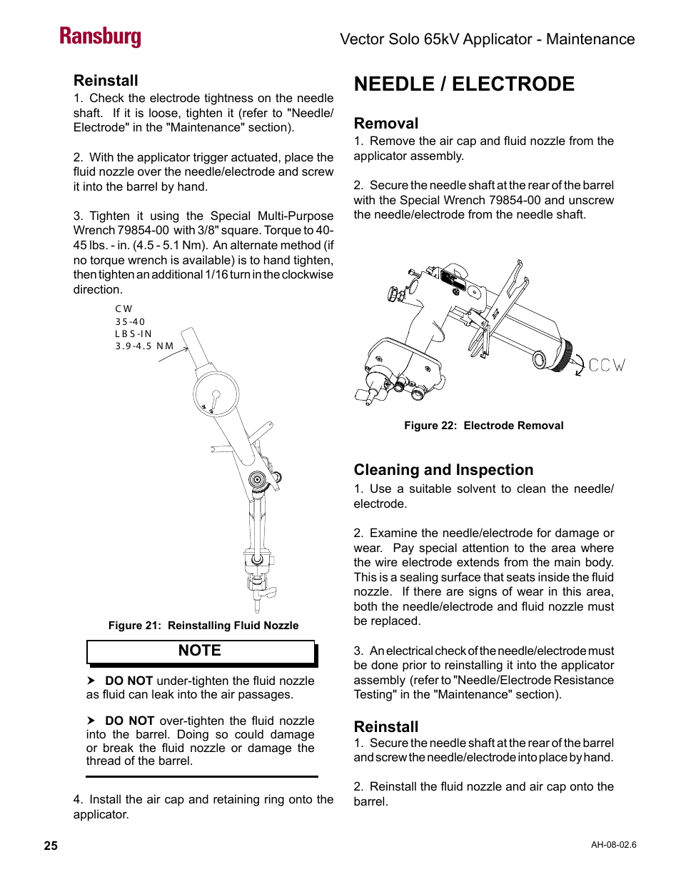 Needle / electrode, Ransburg, Vector solo 65kv applicator - maintenance | Reinstall, Removal, Cleaning and inspection | Ransburg Vector Solo 65KV 79965 Solventborne RS70-AS User Manual | Page 29 / 60