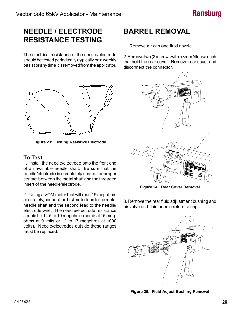 Needle / electrode resistance testing, Barrel removal, Ransburg | Ransburg Vector Solo 65KV 79965 Solventborne RS70-AS User Manual | Page 30 / 60