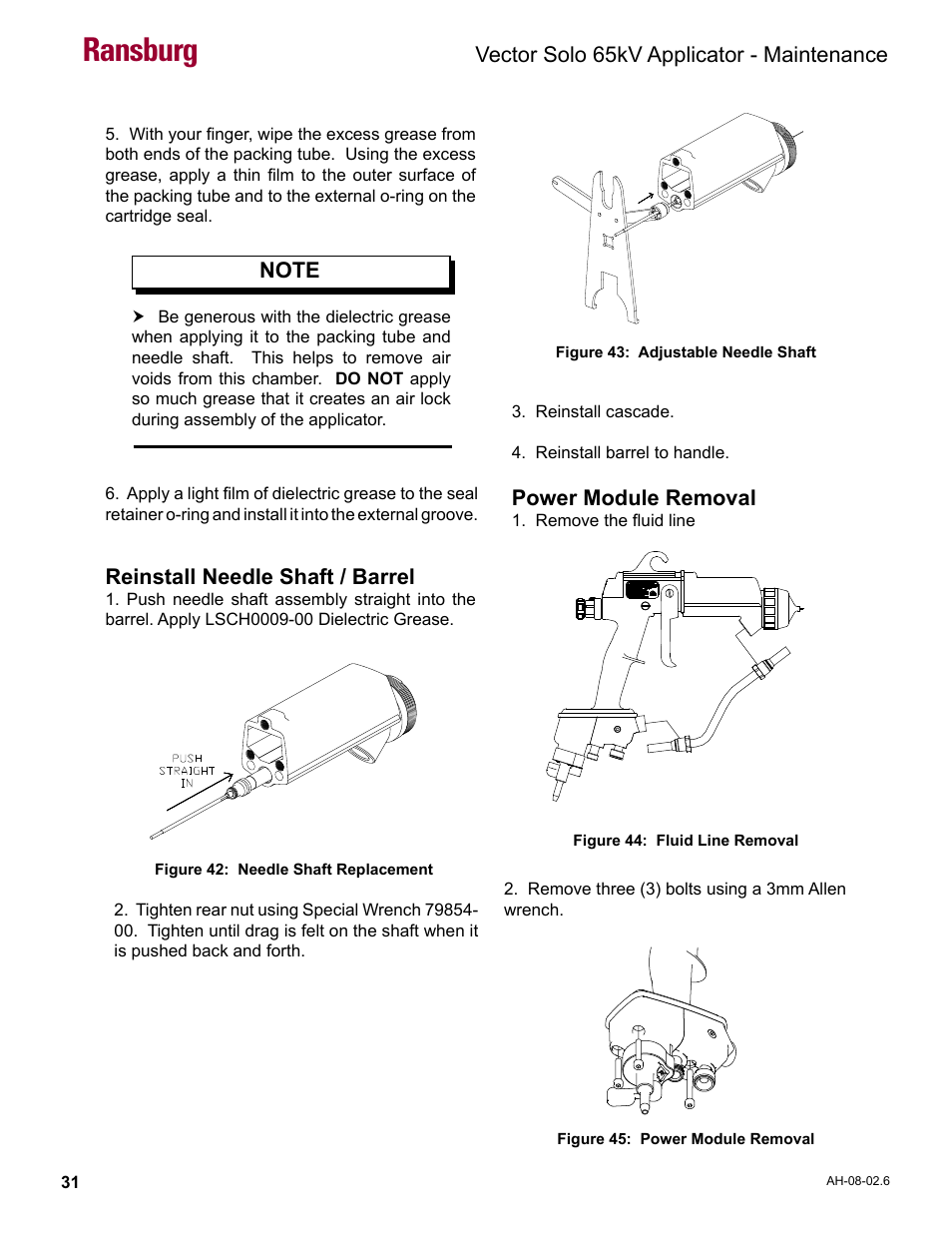 Power module removal, Ransburg, Vector solo 65kv applicator - maintenance | Reinstall needle shaft / barrel | Ransburg Vector Solo 65KV 79965 Solventborne RS70-AS User Manual | Page 35 / 60
