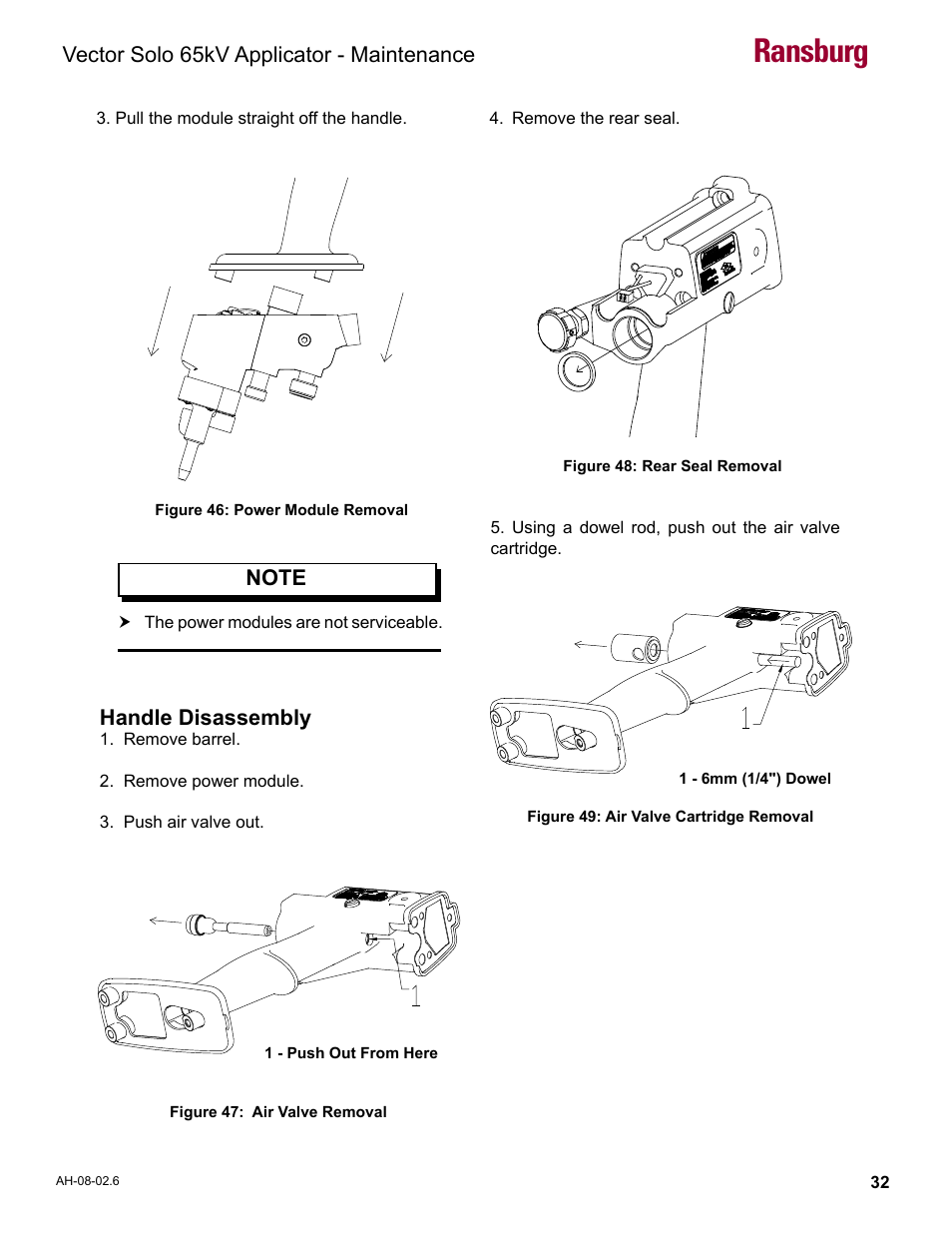 Handle disassembly, Ransburg, Vector solo 65kv applicator - maintenance | Ransburg Vector Solo 65KV 79965 Solventborne RS70-AS User Manual | Page 36 / 60