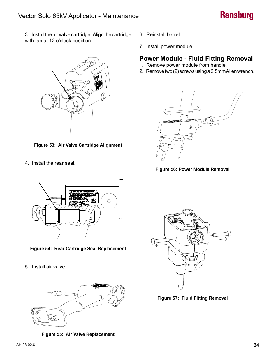 Power module - fluid fitting removal, Ransburg, Vector solo 65kv applicator - maintenance | Ransburg Vector Solo 65KV 79965 Solventborne RS70-AS User Manual | Page 38 / 60