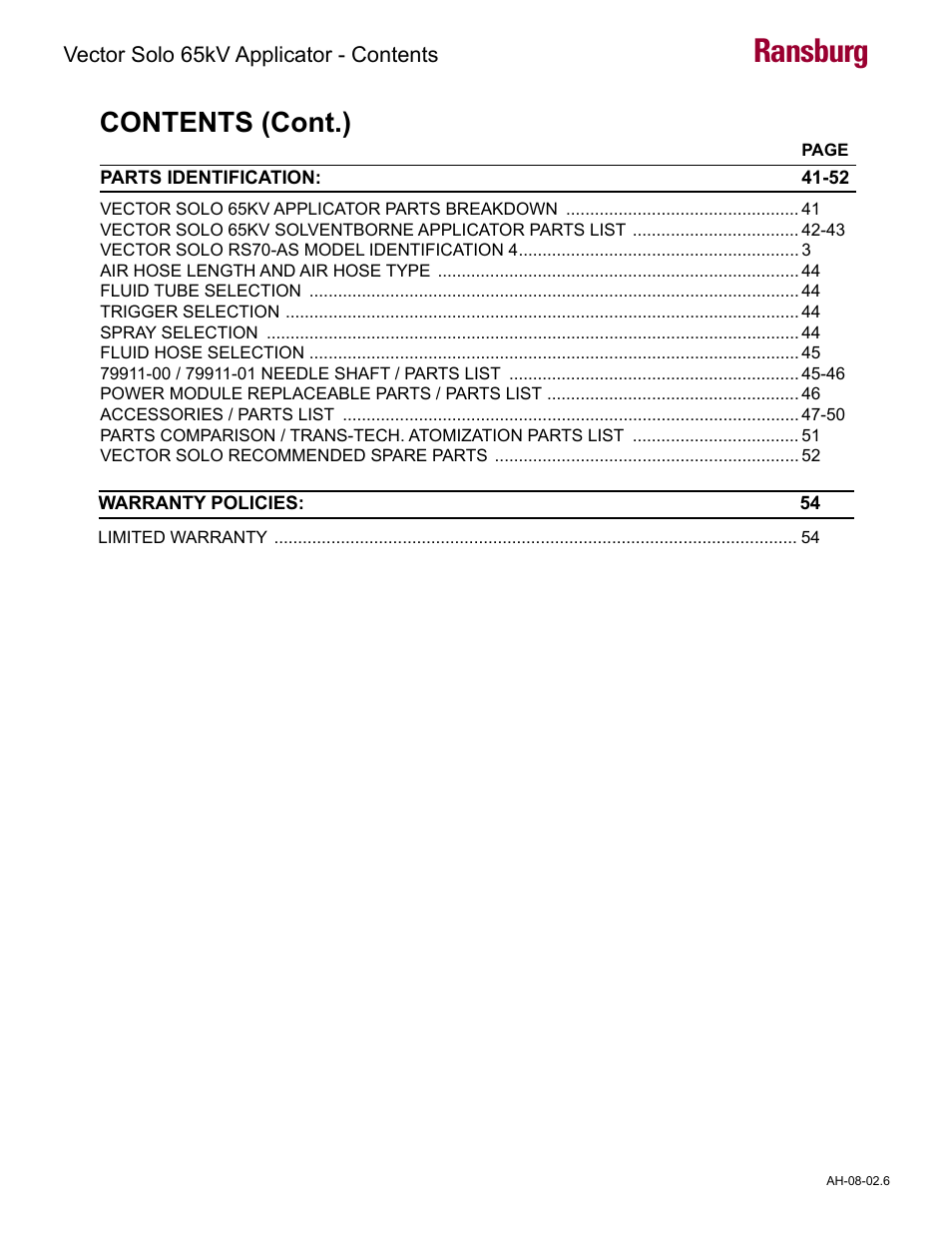 Ransburg, Contents (cont.) | Ransburg Vector Solo 65KV 79965 Solventborne RS70-AS User Manual | Page 4 / 60